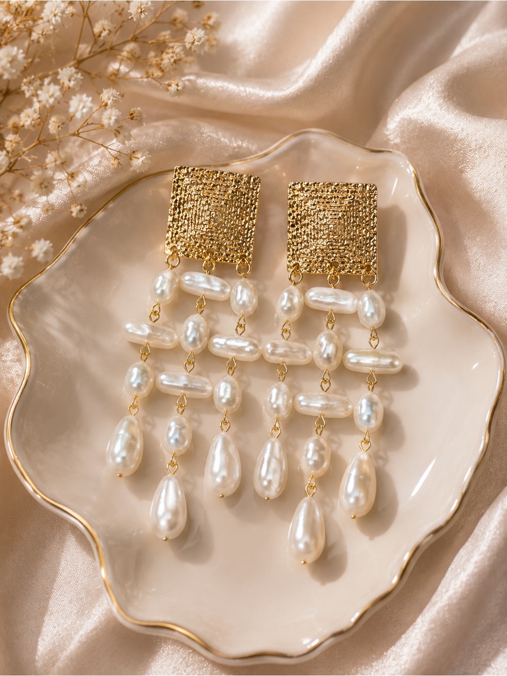 Gold and Pearl Drop Chandelier Earrings - Bridal Women Jewelry - Picture 4 of 6